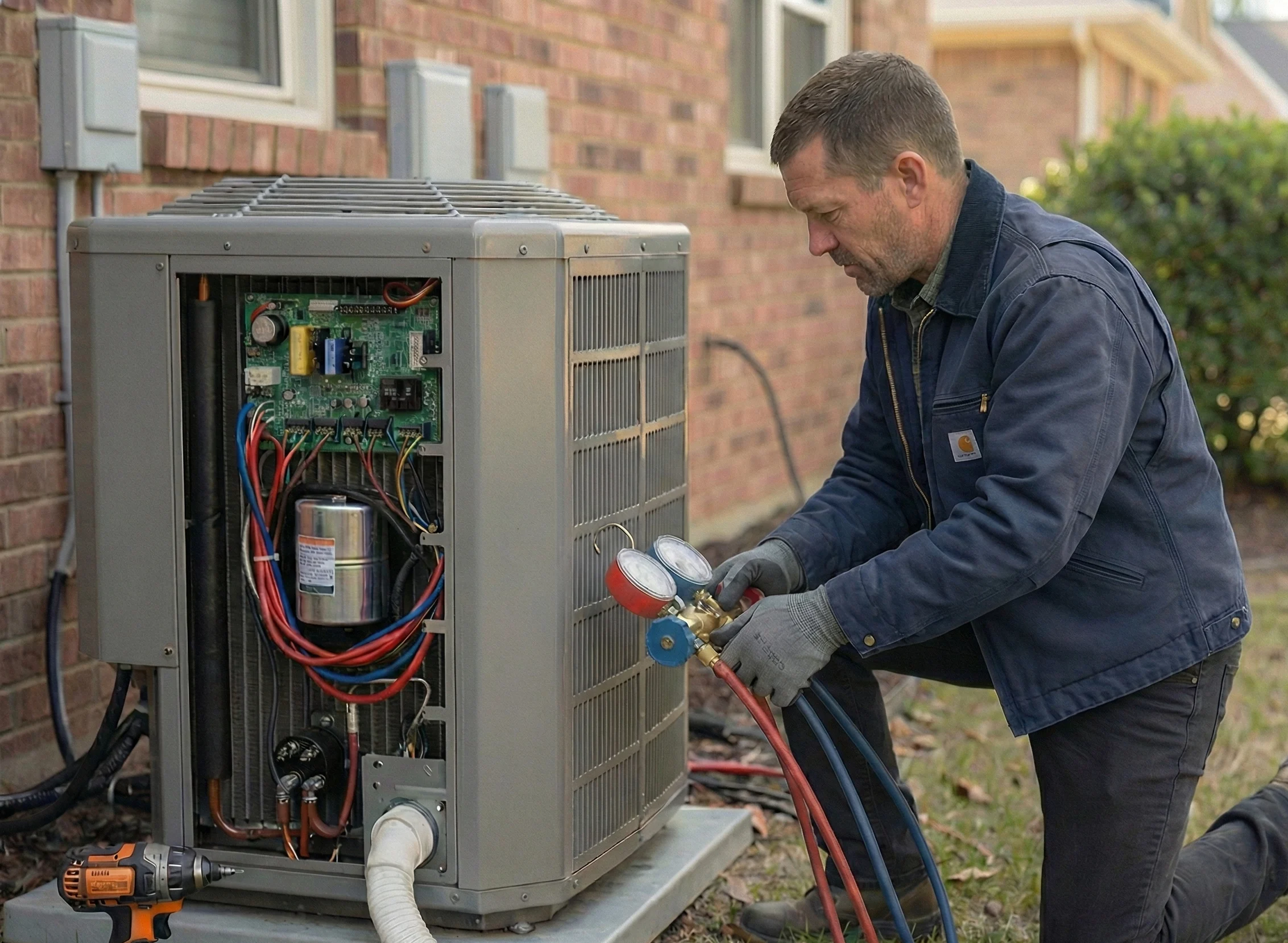 Professional Air Dynamics of Tulsa technician installing a new high-efficiency HVAC system in Tulsa, OK.